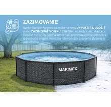 Nadzemný bazén Marimex Florida na záhrade, znázornenie vonkajšieho zazimovania s jednou polovicou na tráve a druhou na snehu.