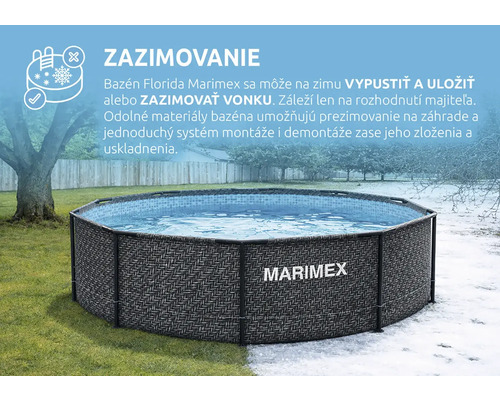 Nadzemný bazén Marimex Florida na záhrade, znázornenie vonkajšieho zazimovania s jednou polovicou na tráve a druhou na snehu.