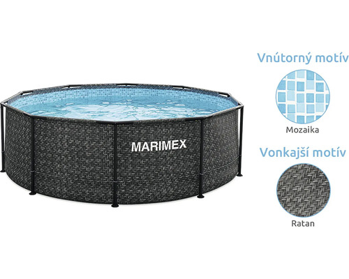 Okrúhly bazén Marimex s konštrukciou, vonkajšou stenou s motívom ratanu a vnútornou fóliou s mozaikovým vzorom.