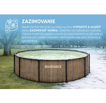 Okrúhly bazén Marimex Florida s dekorom dreva v záhrade s trávou a snehom pre ilustráciu možností zazimovania.