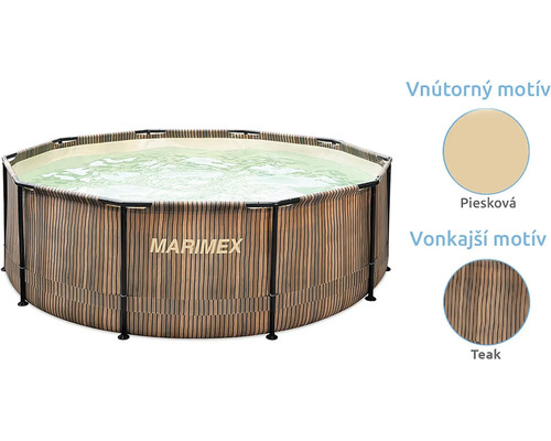 Okrúhly bazén s konštrukciou Marimex s vonkajším motívom teak a pieskovým vnútorným motívom.