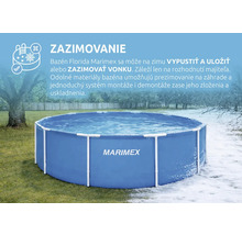 Modrý rámový bazén Marimex Florida v záhrade, polovica na tráve a polovica na snehu pre znázornenie možnosti zazimovania vonku.