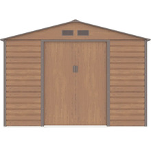 Kovový záhradný domček vo vzhľade dreva so sedlovou strechou, dvojitými posuvnými dverami a vetracími otvormi.