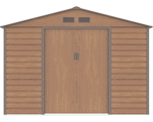 Kovový záhradný domček vo vzhľade dreva so sedlovou strechou, dvojitými posuvnými dverami a vetracími otvormi.