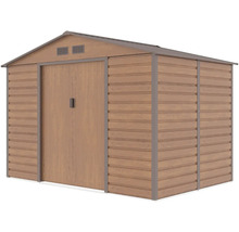 Kovový záhradný domček v dekore dreva so sedlovou strechou, dvojitými posuvnými dverami a vetracími otvormi.