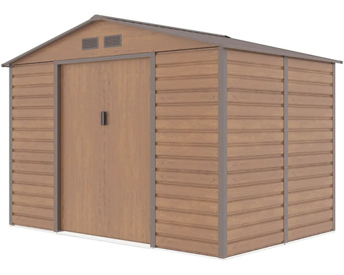 Kovový záhradný domček v dekore dreva so sedlovou strechou, dvojitými posuvnými dverami a vetracími otvormi.