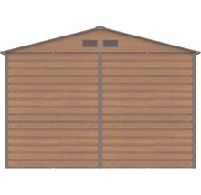 Zadná stena záhradného domčeka z kovu vo vzhľade dreva s dvomi vetracími mriežkami pod štítom.