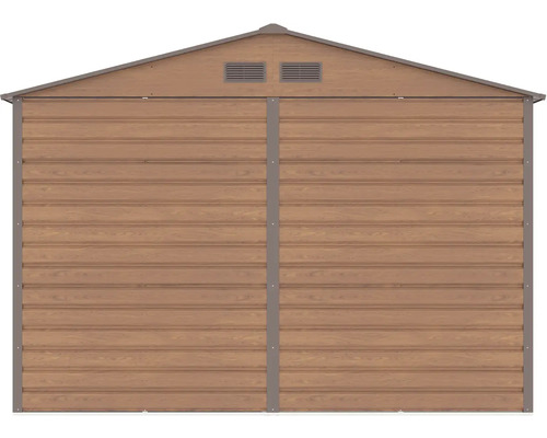 Zadná stena záhradného domčeka z kovu vo vzhľade dreva s dvomi vetracími mriežkami pod štítom.