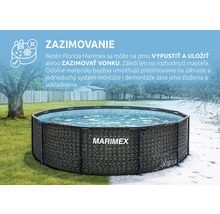 Okrúhly nadzemný bazén Marimex Florida s ratanovým vzorom v záhrade v lete a v zime pre znázornenie možnosti zazimovania. Marimex Logo.