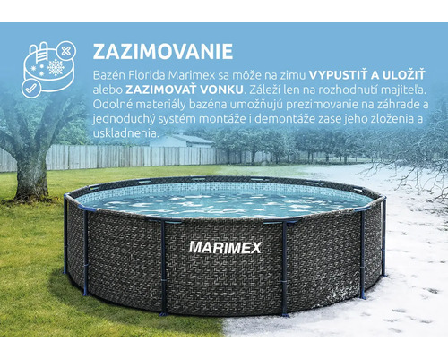 Okrúhly nadzemný bazén Marimex Florida s ratanovým vzorom v záhrade v lete a v zime pre znázornenie možnosti zazimovania. Marimex Logo.