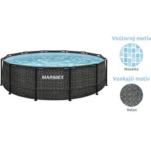 Kruhový nadzemný bazén Marimex s konštrukciou, vonkajší ratanový vzor a vnútorný mozaikový motív.