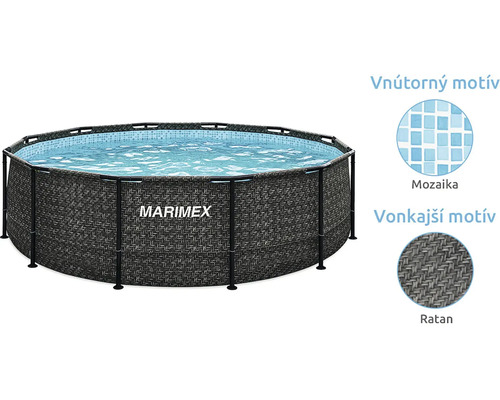Kruhový nadzemný bazén Marimex s konštrukciou, vonkajší ratanový vzor a vnútorný mozaikový motív.