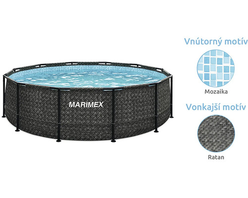 Nadzemný bazén Marimex s kovovou konštrukciou, vonkajším ratanovým vzorom a vnútorným mozaikovým motívom.