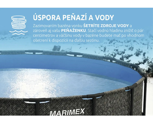 Bazén Marimex s vodou v zimnej krajine. Informácie o úspore vody a peňazí vďaka správnemu zazimovaniu. Logo Marimex.