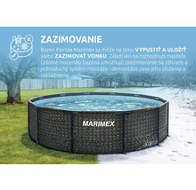 Kruhový bazén Marimex Florida v ratanovom vzhľade, letná a zimná scéna, vhodný na zazimovanie vonku. Marimex Logo.