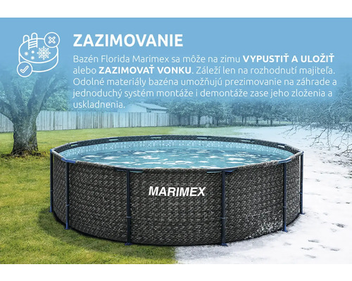 Kruhový bazén Marimex Florida v ratanovom vzhľade, letná a zimná scéna, vhodný na zazimovanie vonku. Marimex Logo.