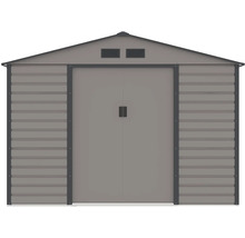 Šedý kovový záhradný domček so sedlovou strechou, dvojkrídlovými dverami a vetracími otvormi.