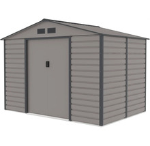 Kovový záhradný domček so sedlovou strechou, vetracími otvormi a posuvnými dverami, sivý, vzhľad vlnitého plechu.