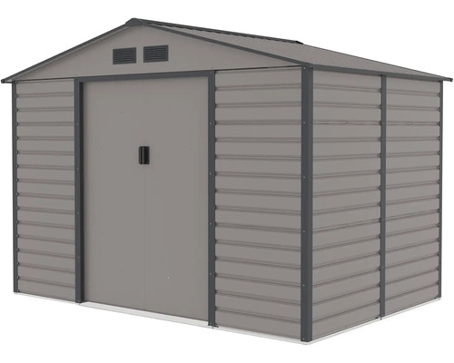 Kovový záhradný domček so sedlovou strechou, vetracími otvormi a posuvnými dverami, sivý, vzhľad vlnitého plechu.
