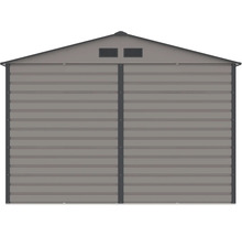 Šedý kovový záhradný domček so sedlovou strechou, dvojkrídlovými dverami a vetracími otvormi.