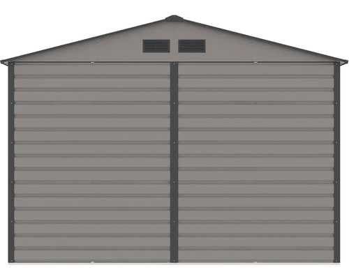 Šedý kovový záhradný domček so sedlovou strechou, dvojkrídlovými dverami a vetracími otvormi.