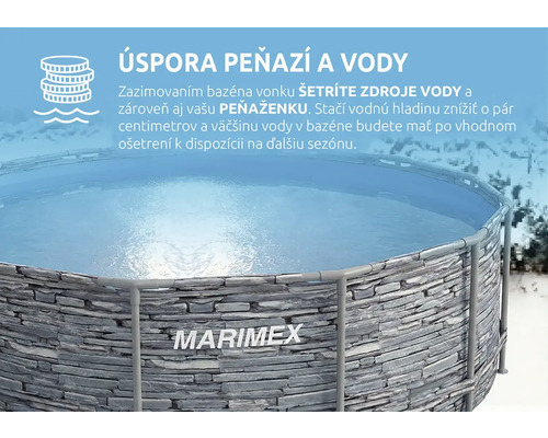 Nadzemný bazén Marimex s dekórom kameňa v zime s informáciami o úspore peňazí a vody vďaka správnemu zazimovaniu.