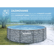 Kruhový nadzemný bazén s dekorom kameňa a Marimex Logo, zobrazený v záhrade pri prechode z leta do zimy pre znázornenie zazimovania.