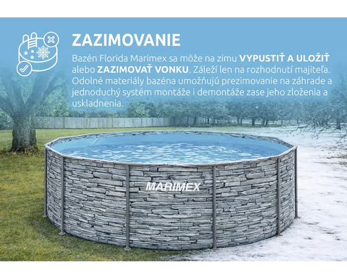 Kruhový nadzemný bazén s dekorom kameňa a Marimex Logo, zobrazený v záhrade pri prechode z leta do zimy pre znázornenie zazimovania.