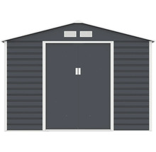 Kovový záhradný domček so sedlovou strechou a posuvnými dverami v antracitovej farbe.