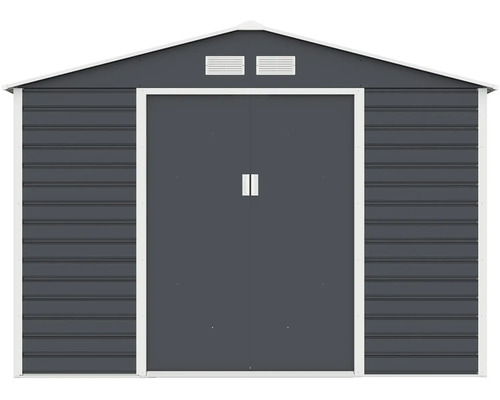 Kovový záhradný domček so sedlovou strechou a posuvnými dverami v antracitovej farbe.