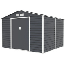 Kovový záhradný domček so sedlovou strechou, dvojitými posuvnými dverami a vetracími otvormi.