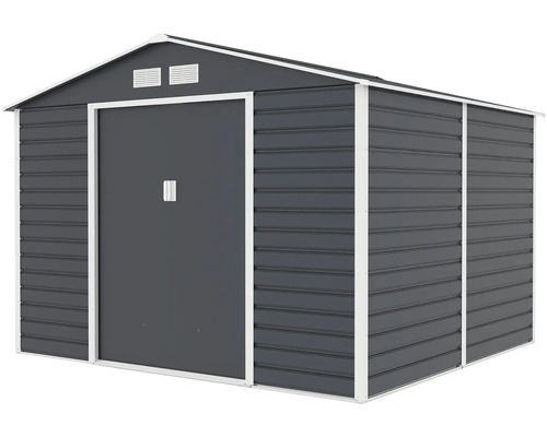 Kovový záhradný domček so sedlovou strechou, dvojitými posuvnými dverami a vetracími otvormi.