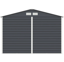 Kovový záhradný domček v antracitovej farbe so sedlovou strechou, vetracími otvormi a bielym lemovaním.