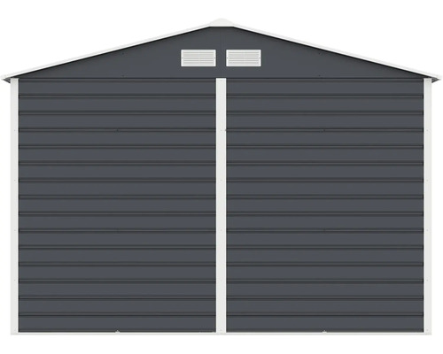 Kovový záhradný domček v antracitovej farbe so sedlovou strechou, vetracími otvormi a bielym lemovaním.