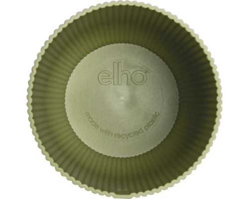 Pohľad zhora do okrúhleho kvetináča elho z recyklovaného plastu s vrúbkovaným vnútrom a elho Logo.