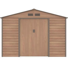 Záhradný domček vo vzhľade dreva so sedlovou strechou, dvojkrídlovými dverami a vetracími otvormi.