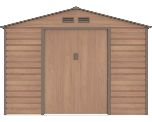 Záhradný domček vo vzhľade dreva so sedlovou strechou, dvojkrídlovými dverami a vetracími otvormi.