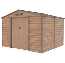 Kovový záhradný domček s dreveným dekorom, sedlovou strechou a dvojitými posuvnými dverami.