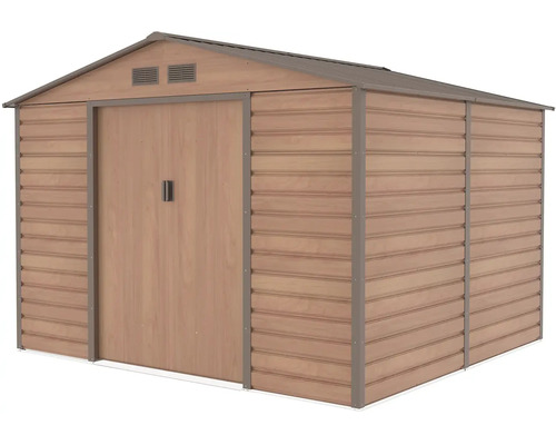 Kovový záhradný domček s dreveným dekorom, sedlovou strechou a dvojitými posuvnými dverami.