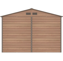 Záhradný domček v dekore dreva so sedlovou strechou a dvoma vetracími otvormi.