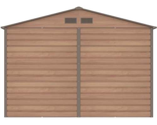 Záhradný domček v dekore dreva so sedlovou strechou a dvoma vetracími otvormi.