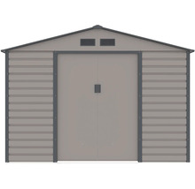 Kovový záhradný domček so sedlovou strechou, dvojkrídlovými dverami a vetracími otvormi.