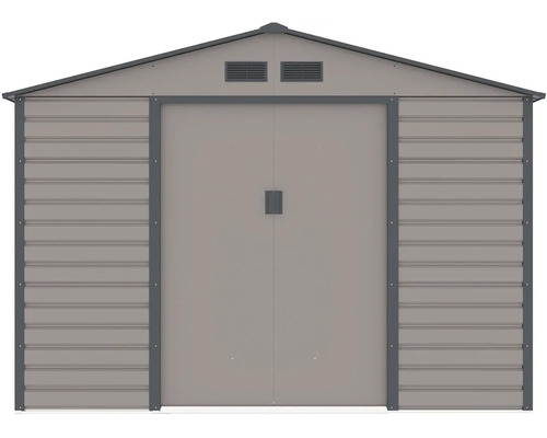 Kovový záhradný domček so sedlovou strechou, dvojkrídlovými dverami a vetracími otvormi.