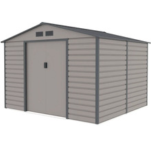 Kovový záhradný domček v sivej a antracitovej farbe so sedlovou strechou, dvojkrídlovými dverami a vetracími otvormi.