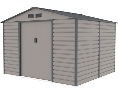 Kovový záhradný domček v sivej a antracitovej farbe so sedlovou strechou, dvojkrídlovými dverami a vetracími otvormi.
