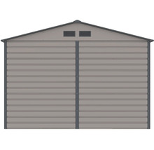 Kovový záhradný domček so sedlovou strechou a vetracími otvormi.