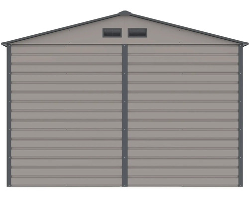 Kovový záhradný domček so sedlovou strechou a vetracími otvormi.