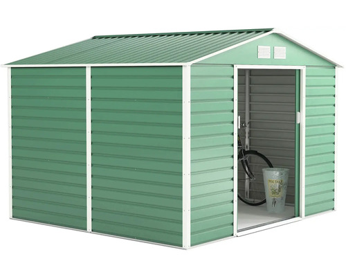 Zelený kovový záhradný domček so sedlovou strechou, posuvnými dverami a vetracími mriežkami, vo vnútri je vidieť bicykel.