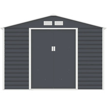 Kovový záhradný domček v antracitovej farbe so sedlovou strechou, dvojitými posuvnými dverami a vetracími mriežkami.