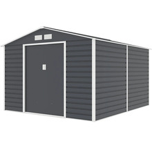 Kovový záhradný domček so sedlovou strechou, posuvnými dverami a vetracími otvormi, antracit s bielym rámom.